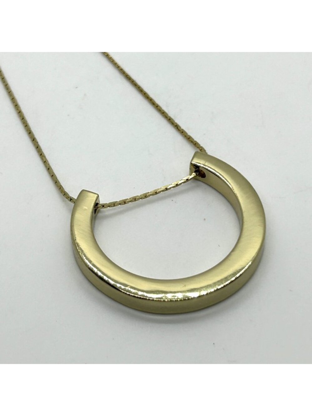 Modernist Gold Tone Pendant Necklace Open Horseshoe Curved 32" Long Statement